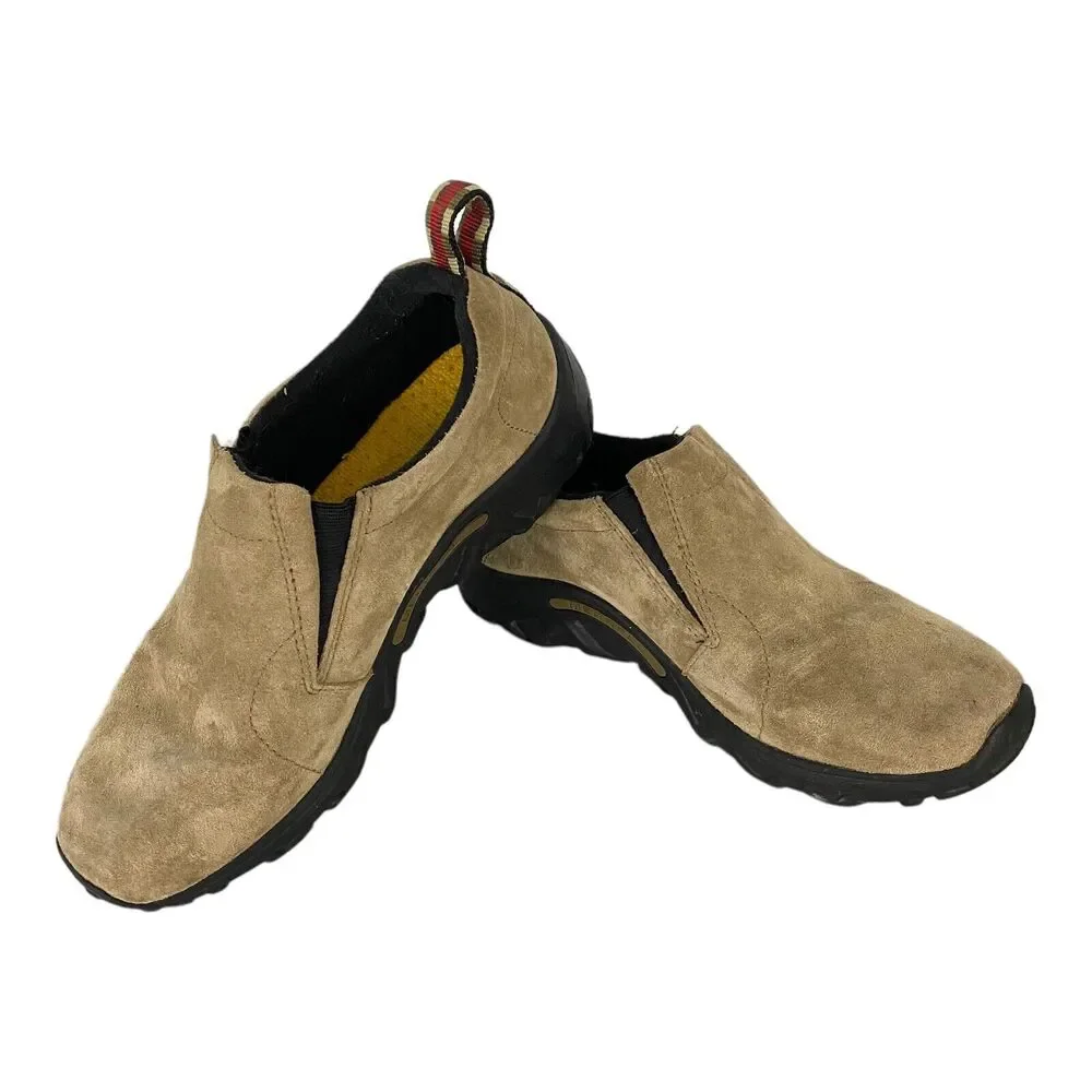 Merrell Kids Tan Suede Slip-On Moccasins with Black Trim and Heel Tabs